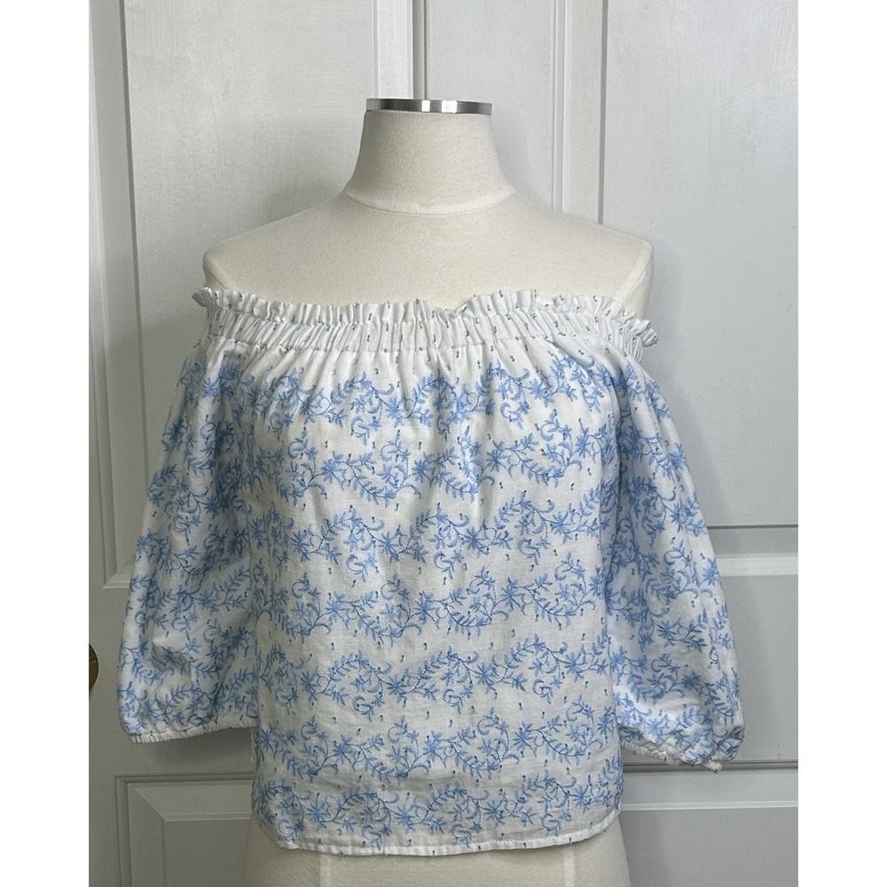 Miami Off The Shoulder Blouse Womens Large Cropped Embroidered Floral Blue White